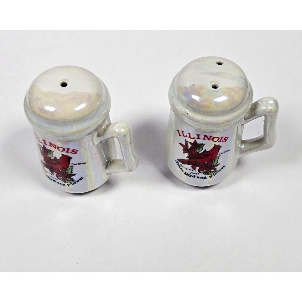 Illinois Cardinal Ceramic Salt Pepper Shakers Set of 2 White Iridescent